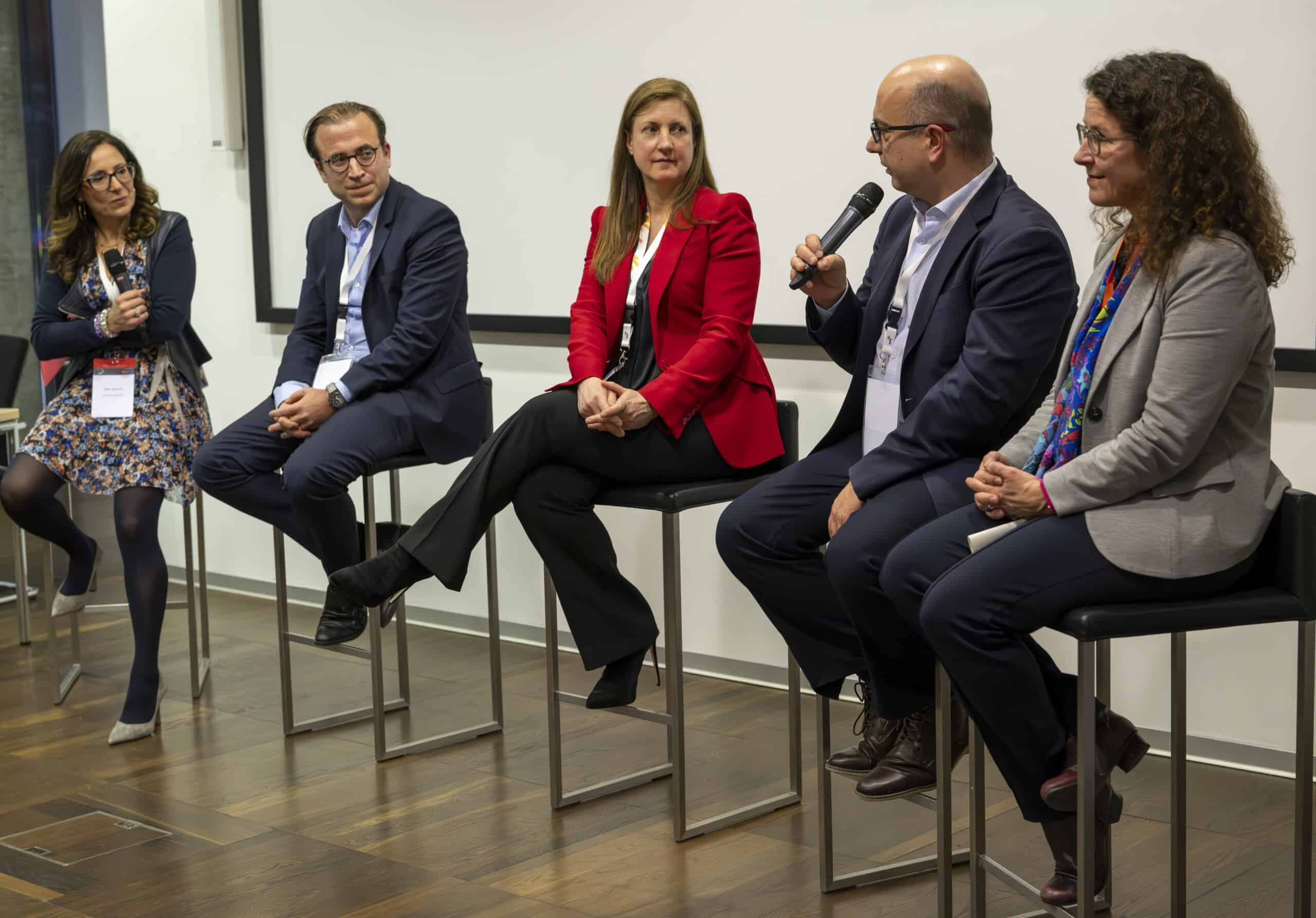 Swiss Insurtech Hub: from left to right. Silvia Signoretti, Antonios Koumbarakis, Penny Seach, Luca Zerbini and Sabine Döbeli. Geoff Pegler Photography.